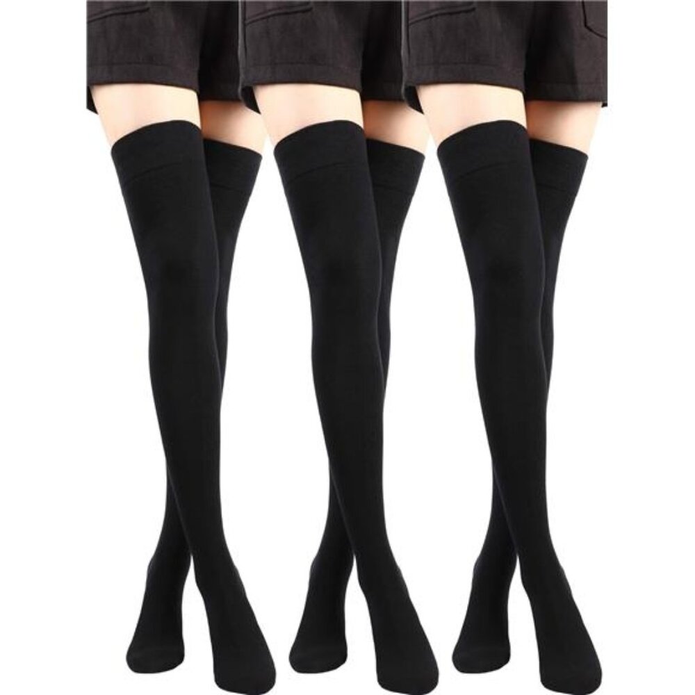 3 Pairs Thigh High Socks Cotton Over Knee Socks Knit Long Boot Stocking, Black